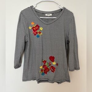 Madewell Embroidered floral top striped black and white